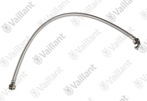 Metallischer Schlauch mit gebogenem Ende, geeignet für Heizungs- oder Sanitärinstallationen, mit Vaillant-Logo auf der Oberfläche.